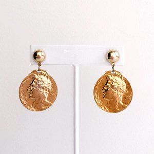 Exquisite Vintage 1970s 1980s Italian Greek Medallion Coin Earrings